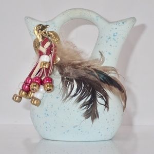 American Indian Native Pottery Double Spouted Eagle Feathers Beaded